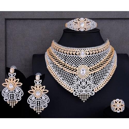 LARRAURI 4PCS CZ Nigerian Choker Necklace Drop Earrings Bracelet Ring Women Wedding Jewelry Sets Indian African Jewelry Sets