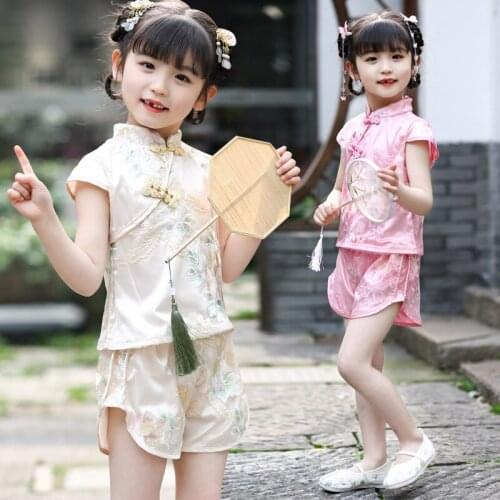Summer Girls Chinese National Style Floral T-Shirt+shorts Sets Girl Student Tradition Suits Vacation Retro Performance Clothes