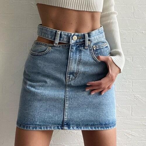 2020 summer new cross-border explosion high waist button unilateral hollow asymmetric denim skirt