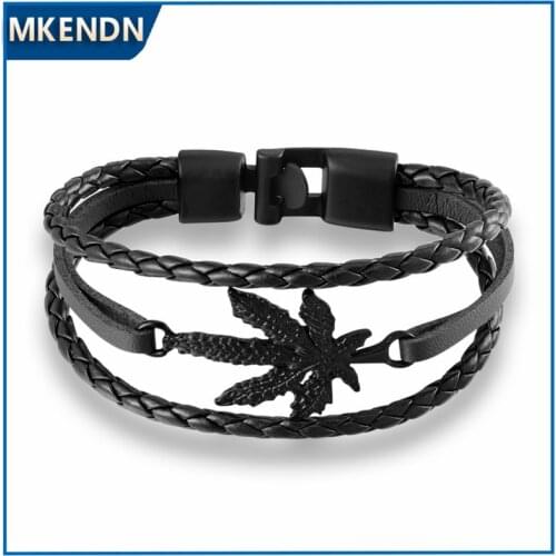 MKENDN 2017 New Arrival Fashion Maple Leaf Bracelet Bangle Genuine Leather Hand Chain Buckle friendship men women bracelet