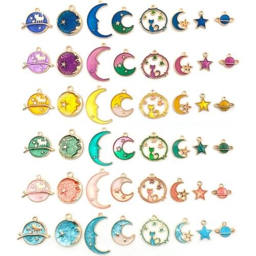 Doreen Box Fashion Galaxy Charms Half Moon Multicolor Mixed Star Rhinestone Pendants DIY Making Earrings Necklace Jewelry,1Set