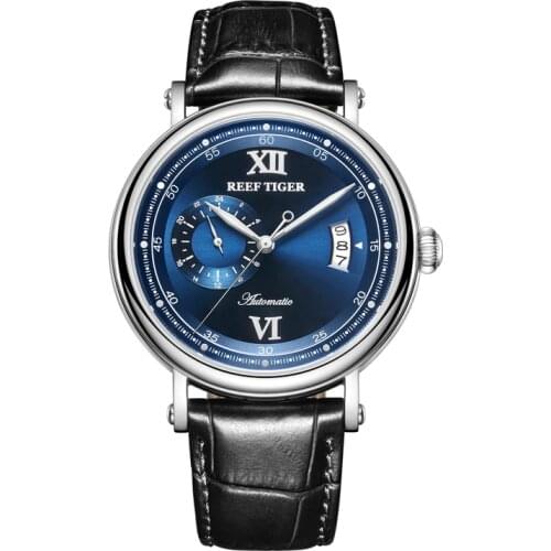 Reef Tiger RGA1617-2 Fashion Genuine Leather Band Men Waterproof 24 Hour Dial Automatic Self Wind Mechanical Wrist Watch- Silver