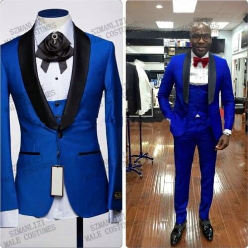 2021 Royal Blue Men Wedding Suits Shawl Lapel Tailored Made Formal Groom Tuxedo Bridegroom 3 Pieces Prom Party Best Man Blazer