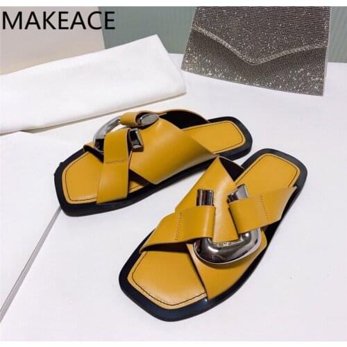 Woman Flat Heel Genuine Leather Metal decor Mules Square Open Toe Summer Casual Celebrity Street Fashion Shoes Women slippers