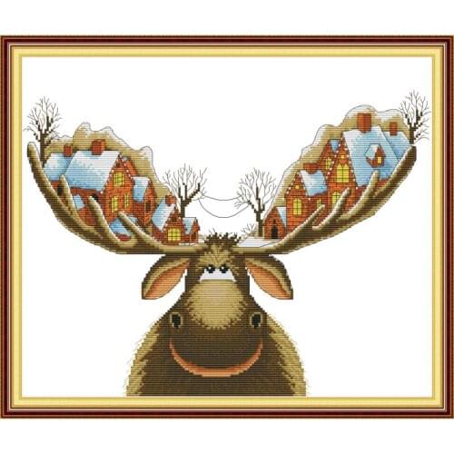 Cross Stitch Printed Christmas Cottage On Antlers Cartoon Paintings 11CT14CT Embroidery Needlework Sets DIY Cross Stitch Kits