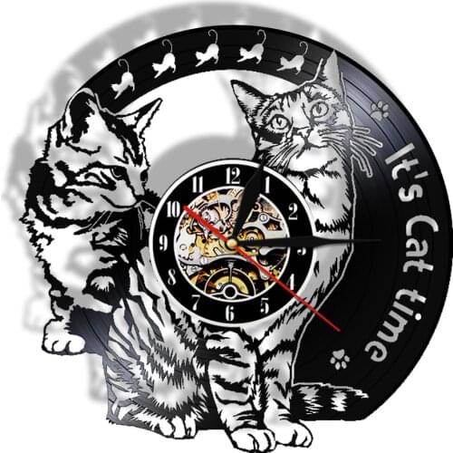 Its Cat Time Vinyl Record Wall CLock Playful Cats Kittens 3D Deco LED Color Changing Wall Lamp Kid Room Night Light