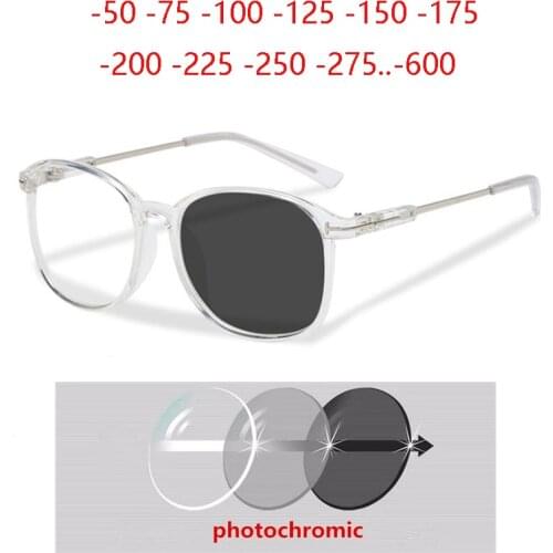 Blue Light Blocking Sun Photochromic Nearsighted Spectacle Unisex Oversized Frame Prescription Eyeglasses -0.5 -0.75 -1.0 To -6