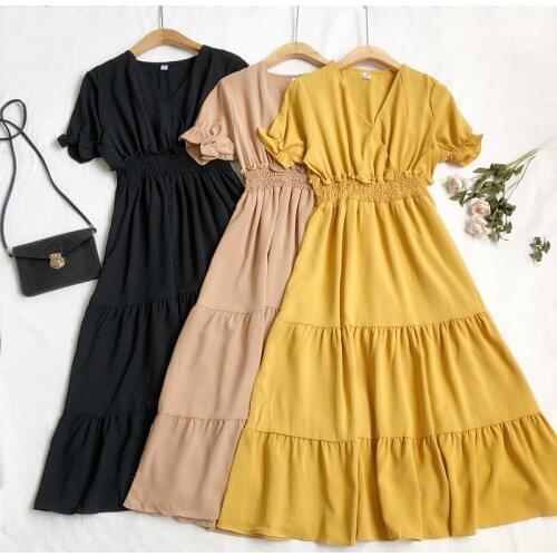 2021 Summer Women V-Neck Short Puff Sleeve Pleated Ruffles Chic Dress Lady A-Line Elastic Slim Waist Pullover Party Midi Dress