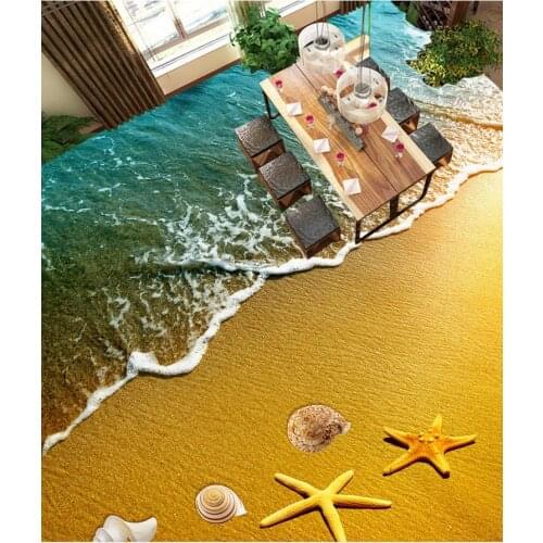 Modern Custom 3D Floor Mural Surf Beach Starfish Dolphin 3D Flooring Non-slip Waterproof Self-adhesive PVC Wallpaper