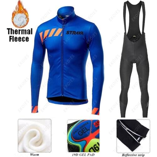 STRAVA Bicycle Team Mens Winter Cycling Jersey Set 2021 Thermal Fleece Long Sleeve Sportswear MTB Road Bike Jersey Suit Ciclismo