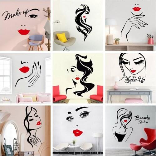 Beauty Salon Wall Sticker Beautiful Lady Hairdresser For Ladys Red Lips Vinyl Makeup Sticker Hair Hairdo Barbers Decal