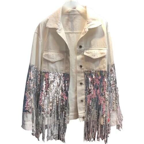 2020 Casual Jacket Women Punk Sequins Beading Tassels Coat Women Denim Coat Cool Streetwear Female White Denim Jacket Women Tops