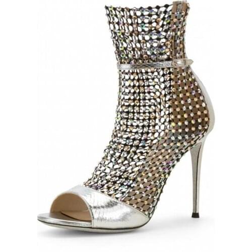 2020 Rhinestone Gladiator Sandals Sexy Peep Toe Crystal Studded Net Breathable Woman Sandals Belt Decor Slim Sliver Black Shoes
