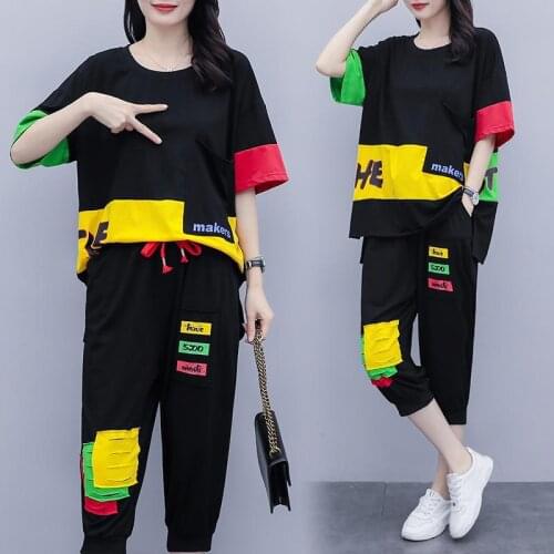 Ladies Two-piece Summer Plus Size Womens Casual Loose Stitching Two-piece Trousers Suit Color Matching Stitching Top