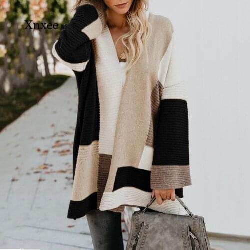 Autumn and Winter Womens Open Front Sweater Long-Sleeved Knitted Cardigan Color Matching Loose Oversized Clothes Coat Coat Jack