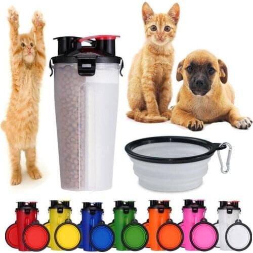 2 in 1 Pet Water Bottle Food Container With Folding Silicone Pet Bowl Outdoor Travel Dog Cat Feeder Cup