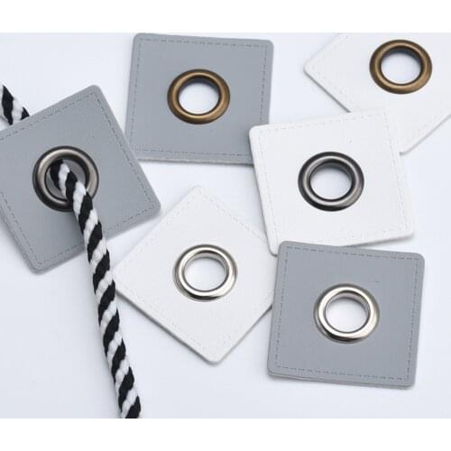 30pcs/lot 37mm square GREY/WHITE PU leather sew on Badges patch labels + inner 10mm metal brass eyelets grommets free ship