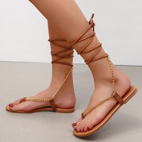 Summer Sexy Trend Women Sandals Metal Chain Narrow Band Cross Tied Flat Heel Fashion Ladies Shoes Female Casual Wedding Rome