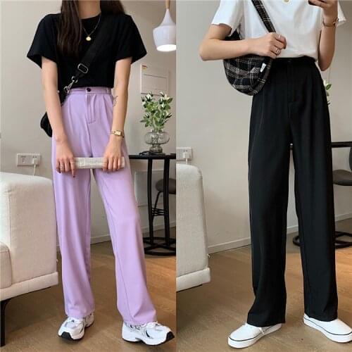 Pants Women High Waist Summer Trendy Trouser Harajuku Purple Korean All-match Teens Wide-leg Casual New Femme Bottom Street Pant