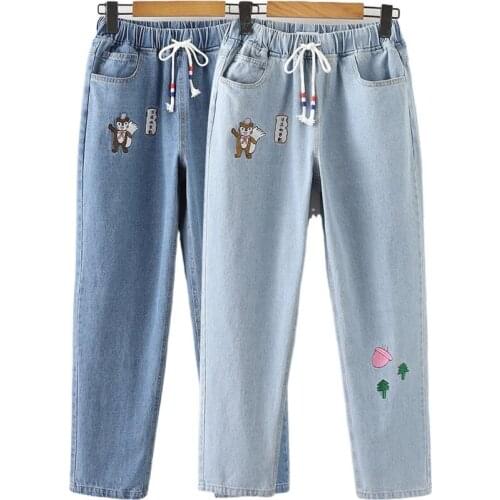 Jeans Women 2020 Autumn Cartoon Embroidery Denim Pants Japanese Harajuku Elastic Waist Trousers Washed Wide Leg Pockets Jeans