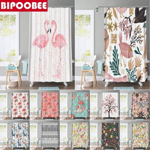 Elegant Flamingo Fabric Shower Curtains Waterproof Polyester Colored Flowers Bath Curtain Bathroom Bathtub Decoration with Hooks