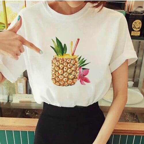 Cool Summer Cartoon T Shirts Women Pineapple Juice Drink Printed Tshirt Female O-Neck T-shirt Comfy Leisucre Clothing Tumblr Muj