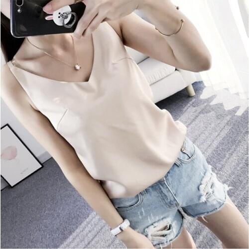 Satin V Neck Camisole Tops Casual Summer Women Sexy Sleeveless Solid Color Tops Sleepwear Camis Bralette
