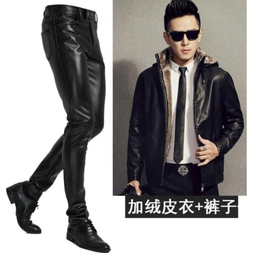 Plus velvet thicken leather jacket men motorcycle faux leather coat and leather pants 1 set autumn warm jaqueta couro masculino