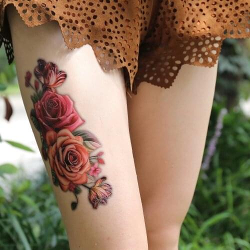 Hot Indian Arabic Fake Temporary Tattoos Stickers 3D Rose Flowers Arm Shoulder Thigh Tattoo Waterproof For Women Big On Body Art
