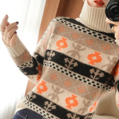 2021 new high neck cashmere sweater womens color matching pure wool sweater loose Pullover versatile sweater knitted bottom