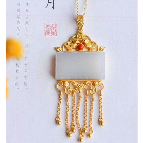 Original S925 Sterling Silver Natural Hetian Jade White Jade Tassel Pendant Ancient Style Han Chinese Clothing Necklace Court Fe