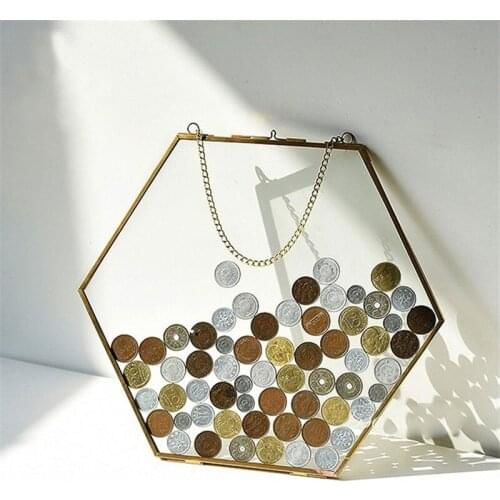 Hexagonal Glass Photo Frame Wall-mounted Coin Storage Frame Retro Home Wall Decoration Metal Specimen Picture Frames Handmade