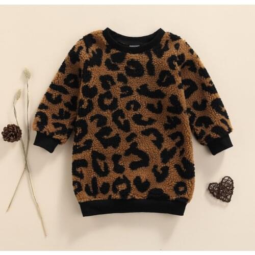 SUNSIOM Toddler Girls Casual Dresses Leopard Print Fleece-lined O Neck Long Sleeve Sweatshirt Dress Kids Spring Autumn Dress