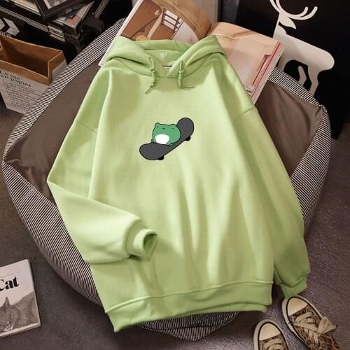 Autumn Hoodies Women Cute Cartoon Skateboard Frog Female Oversized Warm Hoodie Plus Velvet Long Sleeve All-match Streetwear