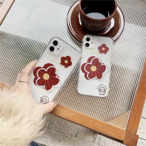 Retro line art doodle red flowers japanese Phone Case For iPhone 12 11 Pro Max Xr Xs Max 7 8 Plus X 7Plus case Cute Soft Cover