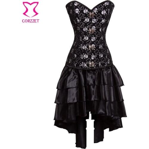Vintage Skull Printed Steampunk Corset Dress Cosplay Pirate Costume Steel Boned Corsets and Ruffles Dress For Women Outfits