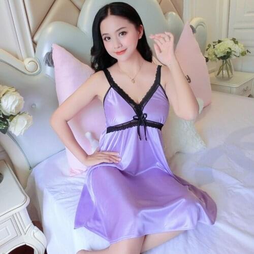 Plus Size Hot Sleepwear Silk Satin Nightdress Women Nightgown Sweet Lace Sleep Dress Nighty Sling Skirt Lace Babydoll Loungewear