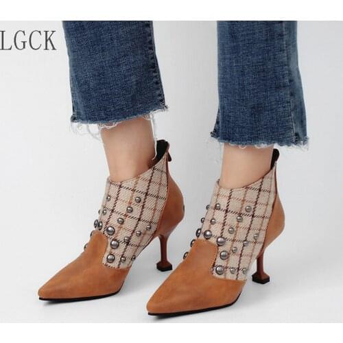 Plus Size 34-48 Thin High Heels Pointed Toe Faux Leather Zipper Style Sexy Ankle Womens Boots Bota Metal Rivet Motorcycle Boots