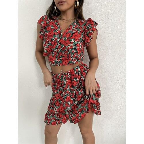 Happie Queens Women two piece outfits off shoulder tops Bohemian Drawstring mini skirts 2 pieces rayon cotton Boho sets