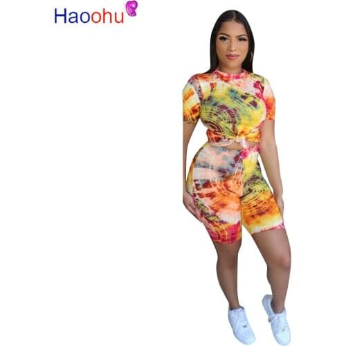 Striped Tie Dye Print Two Piece Outfit Summer Clothes For Women O Neck Short Sleeve Crop Top+Bodycon Shorts Sweat Suit Trackusit