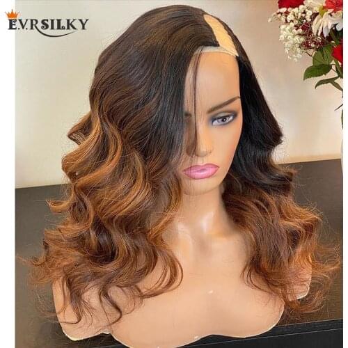 Side Part Ombre Kinky Curly U Part 100% Human Hair Wigs Remy Machine Made Glueless 1x4 U Part Wigs for Women MIddle Part Wigs