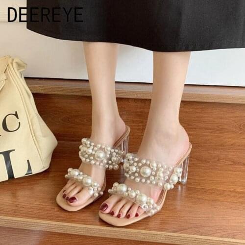 Summer Transparent PVC White Pearls High-Heeled Sandals Sliders Slippers Clear Chunky Heels 6.5/9 CM Women 2021 For Dress Shoes