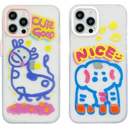 Cartoon Giraffe & Elephant Drawing TPU Case for iPhone 12 Pro Max Back Phone Cover for 12Mini 11Pro Max X XS XR 8 7 Plus SE 2020