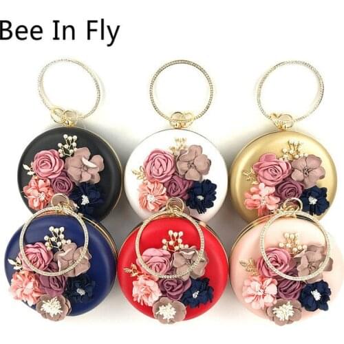 Flower Embroidery Handmade Beaded Chain Oblate Shape Round Rhinestone Clutch Bag Lady Evening Bag