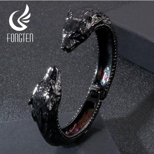 Fongten Wolf Head Charm Men Open Bangle Black Stainless Steel Punk Fahsion Wrist Band Male Accessories