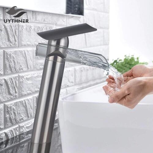 Chrome Bath Basin Brass Faucet Basin Sink Faucet Waterfall Spout Glass Bathroom Crane Cold&Hot Water Mixer Taps Bathroom faucets