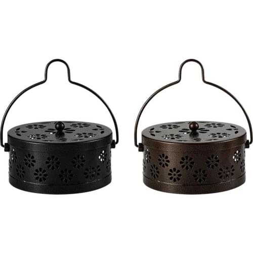Wrought Iron Coil Holder Portable Home Garden Mosquito Coil Container Box With Handle Fragrance Metal Incense Burner