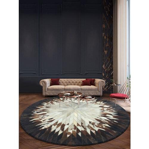 American Style Luxury Natural Black and White Round Cowhide Patchwork Rug Handmade Cow Skin Fur Chequer Carpet for Living Room