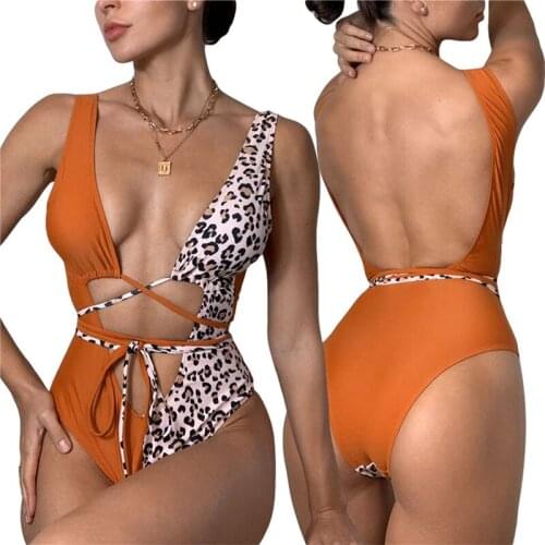 Meihuida 2021 Women’s Sexy Hollow Out Lace Up Monokini Swimsuits Color Block Leopard Patchwork Open Back Bathing Suit