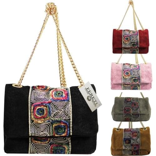 Real Genuine Leather Crossbody Bag For Women Ethnic Embroidered With Gold Chain Small Bag S M